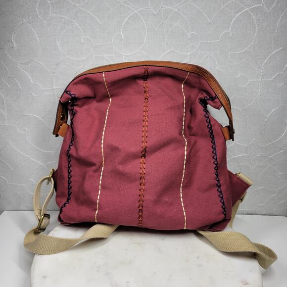 GILI Embroidered Canvas Backpack 13" Red Tan Leather Trim Adj Straps Zipper - Picture 1 of 16